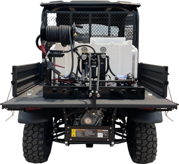 Benco Farm Pro 80 Gallon sprayer in a Kubota RTV-X Series side-by-side UTV (rear view).