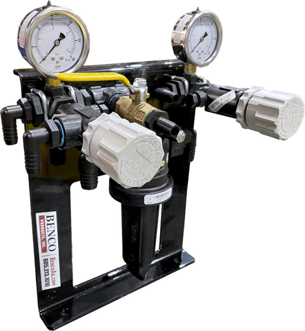 BENCO"s Farm Pro Pressure Control Center features regulating valves, gauges & the line strainer - left view