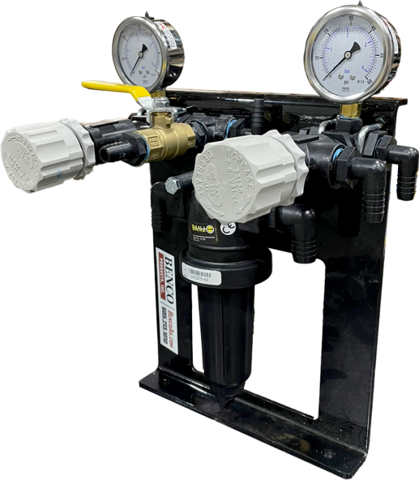 BENCO"s Farm Pro Pressure Control Center features regulating valves, gauges & the line strainer - right view