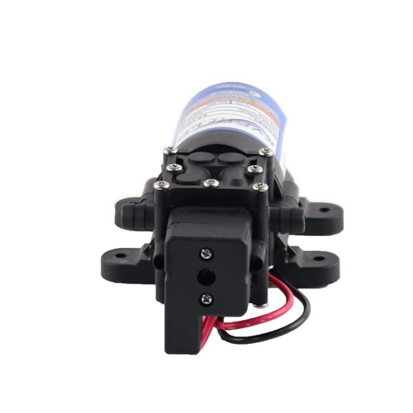 Head of the Everflo 1.0 GPM 12v switched pump with 3/8" hose barb fittings