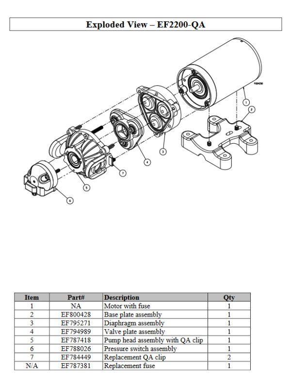 Exploded view of the Everflo EF2200 2.2 GPM 12V switched pump -- quick-attach