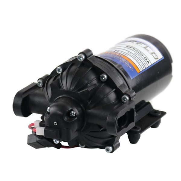 Right view of the Everflo EF5500QA is a 5.5 GPM 12v Diaphragm pump with Quick Attach Adapters and a 60PSI switch