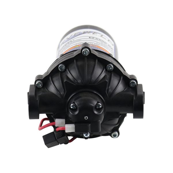 Head view of the Everflo EF5500QA is a 5.5 GPM 12v Diaphragm pump with Quick Attach Adapters and a 60PSI switch