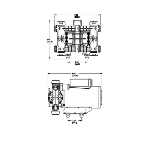 dimension diagram for the Everflo 200PSI High Pressure switched plunger pump with quick attach fittings outputs 2.0 GPM