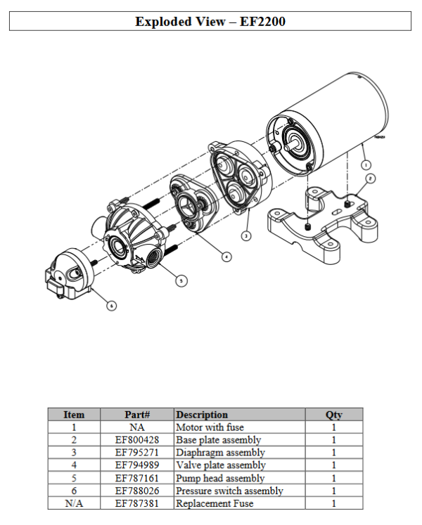 Exploded view of the Everflo EF2200 2.2 GPM 12V pump