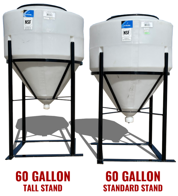 60 gallon cone-bottom inductor tanks on standard height & tall stands from BENCO Manufacturing