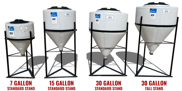 7 gallon, 15 gallon, 30 gallon, cone-bottom inductor tanks on BENCO Manufacturing stands