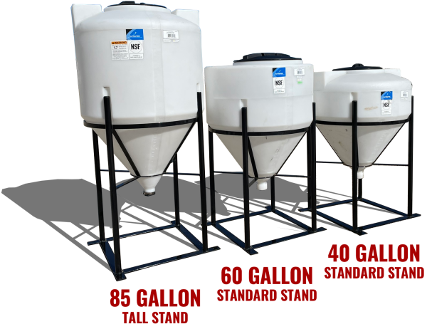 40/60/85 gallon cone-bottom inductor tanks on standard height & tall stands from BENCO Manufacturing
