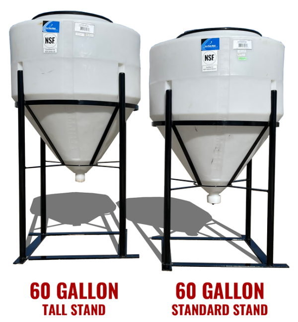 60 gallon cone-bottom inductor tanks on standard height & tall stands from BENCO Manufacturing