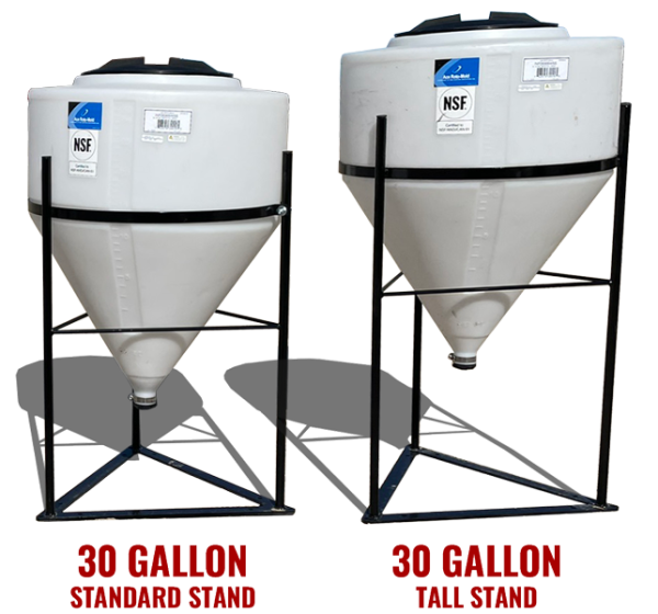 30 gallon, cone-bottom inductor tanks on BENCO Manufacturing standard height and tall stands